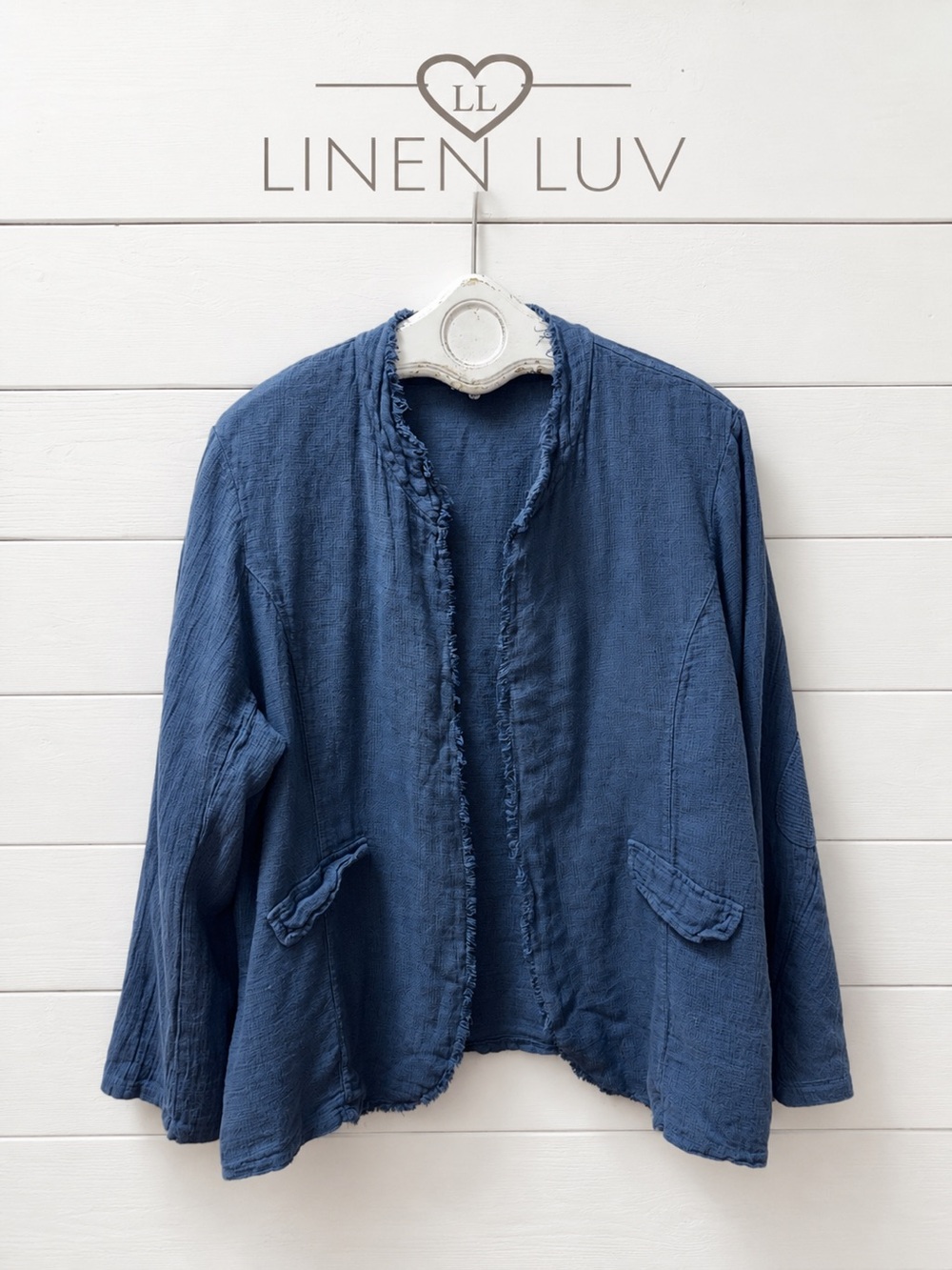 Linen Luv Italian Linen Blend Open Front Jacket – Blue – Size XXL